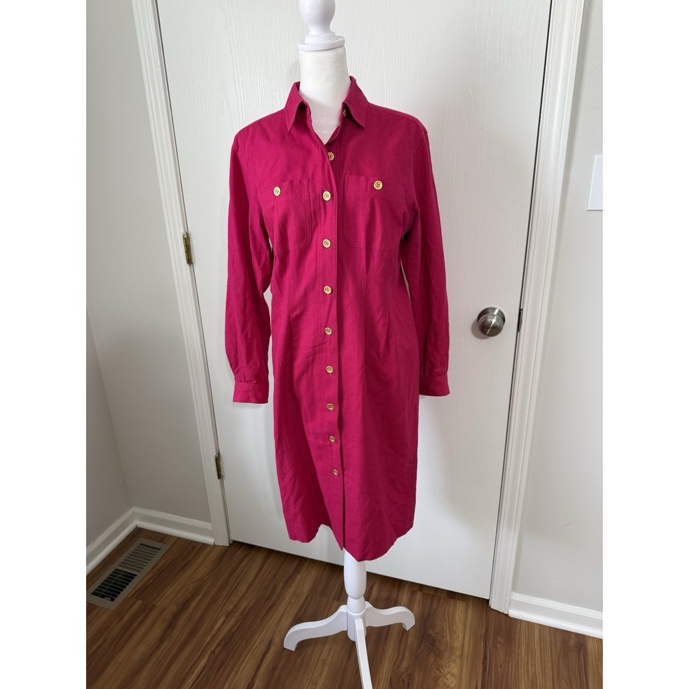 Liz Claiborne Vintage Fuchsia Hot Pink 100% Silk Button Front Midi Dress Size 4P